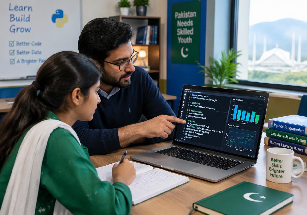 A mentor guiding a student through Python data analysis